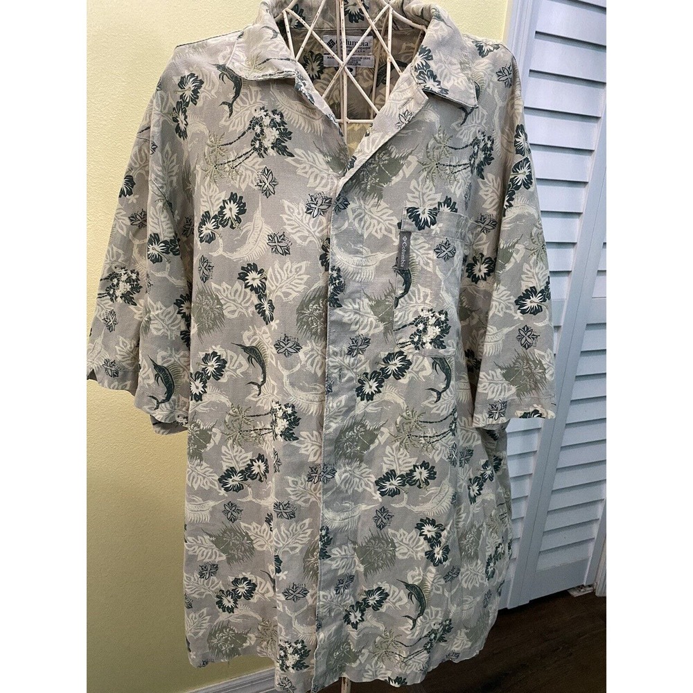 Vtg Columbia Mens Camp Collar Shirt Beige XL Fish Print Linen Blend Hawaiian